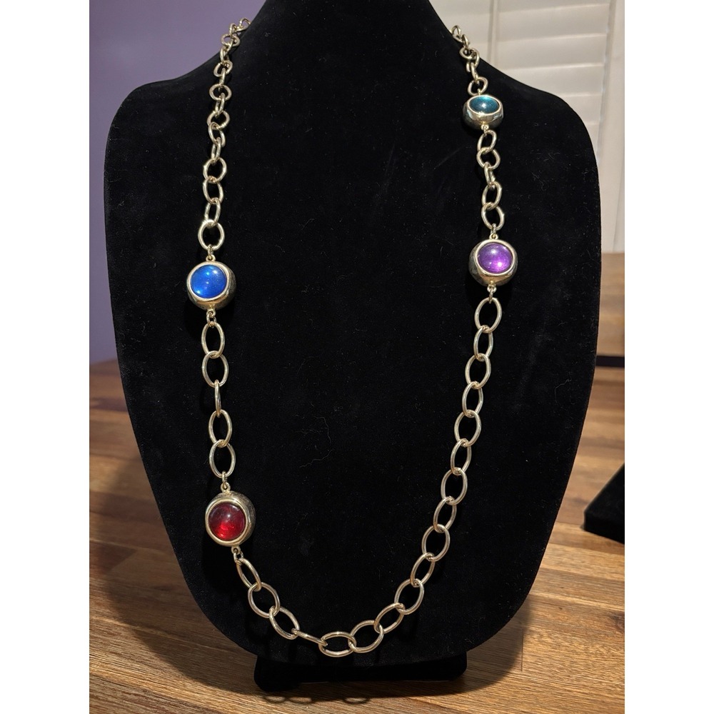 Vintage Gripoix Necklace Gold-tone Green Red Blue Purple 2 sided Glass 37"